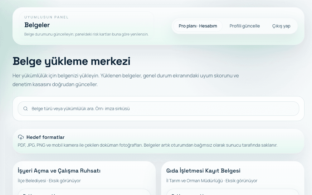 Uyumlusun ürün turundaki sentetik demo belge ve kanıt özeti ekranı